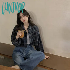 Lunivop Harajuku Crop Plaid Shirts Women Vintage Long Sleeve Loose Sunscreen Blouses Korean Fashion