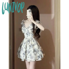 harajuku fashion dress to impress Ink Rose Three-Dimensional Flower Pettiskirt Women's Summer 2024 New French Style Small Waist-Tight Temperament Dress