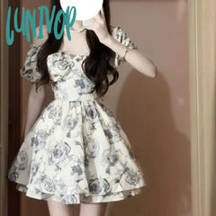 harajuku fashion dress to impress Ink Rose Three-Dimensional Flower Pettiskirt Women's Summer 2024 New French Style Small Waist-Tight Temperament Dress