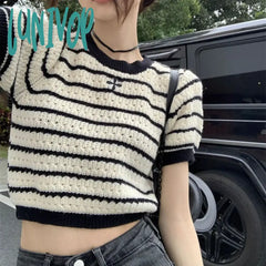 Lunivop Harajuku Fashion Embroidery Striped Knitted T Shirt Women Summer Korean Short Sleeve Tees