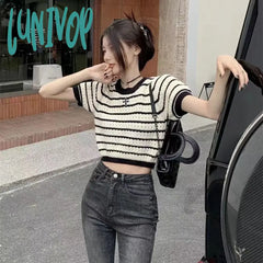 Lunivop Harajuku Fashion Embroidery Striped Knitted T Shirt Women Summer Korean Short Sleeve Tees