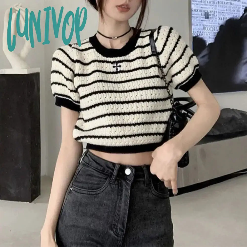 Lunivop Harajuku Fashion Embroidery Striped Knitted T Shirt Women Summer Korean Short Sleeve Tees