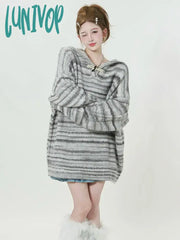 Lunivop Harajuku Fashion Striped Hooded Sweater Women American Retro Knitted Pullover Vintage