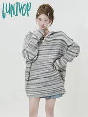 Lunivop Harajuku Fashion Striped Hooded Sweater Women American Retro Knitted Pullover Vintage