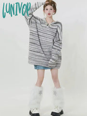 Lunivop Harajuku Fashion Striped Hooded Sweater Women American Retro Knitted Pullover Vintage