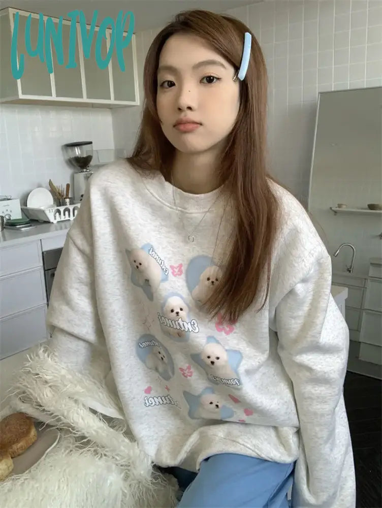 Lunivop Harajuku Kawaii Dog Print Pullover Women Korean Style Sweet Cute Graphic Grey Sweatshirt