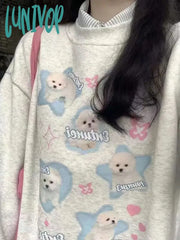 Lunivop Harajuku Kawaii Dog Print Pullover Women Korean Style Sweet Cute Graphic Grey Sweatshirt
