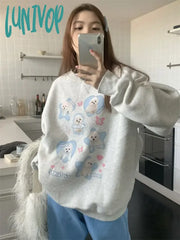 Lunivop Harajuku Kawaii Dog Print Pullover Women Korean Style Sweet Cute Graphic Grey Sweatshirt