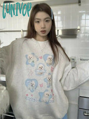 Lunivop Harajuku Kawaii Dog Print Pullover Women Korean Style Sweet Cute Graphic Grey Sweatshirt