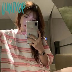 Lunivop Harajuku Kawaii Pink Striped T-Shirt Short Sleeve T Shirt For Women’s Cute Tshirt