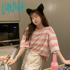 Lunivop Harajuku Kawaii Pink Striped T-Shirt Short Sleeve T Shirt For Women’s Cute Tshirt