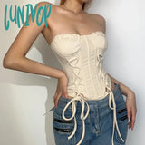 Lunivop Harajuku Kawaii Vintage Cami Vest Hot Girl Crop Top White Lace Frill Zipper High Waist