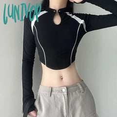 Lunivop Harajuku Motorcycle Style Crop Top Y2K Autumn Hollow Out Stripe Patchwork Slim Long Sleeve