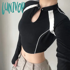 Lunivop Harajuku Motorcycle Style Crop Top Y2K Autumn Hollow Out Stripe Patchwork Slim Long Sleeve