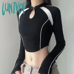Lunivop Harajuku Motorcycle Style Crop Top Y2K Autumn Hollow Out Stripe Patchwork Slim Long Sleeve