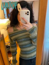 Lunivop Harajuku Off Shoulder Knitted Sweater Women Vintage Green Striped Jumper Fairycore Slim Two