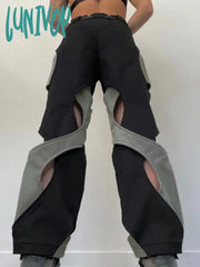 Lunivop Harajuku Patchwork Hip Hop Cut Out Women Trousers Streetwear Contrast Color Design Track