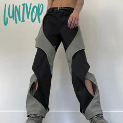 Lunivop Harajuku Patchwork Hip Hop Cut Out Women Trousers Streetwear Contrast Color Design Track