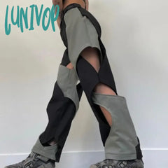 Lunivop Harajuku Patchwork Hip Hop Cut Out Women Trousers Streetwear Contrast Color Design Track