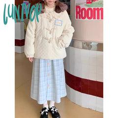 Lunivop Harajuku Plaid Woolen Midi Skirts Women Japanese Kawaii Knitted Skirt Winter Korean Cute