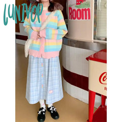 Lunivop Harajuku Plaid Woolen Midi Skirts Women Japanese Kawaii Knitted Skirt Winter Korean Cute