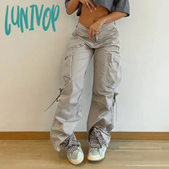 Lunivop Harajuku Solid Drawstring Cargo Pants Female Streetwear Tech Pockets Draped Baggy Trousers