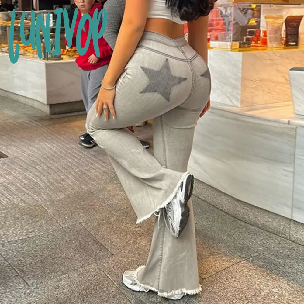 Lunivop Harajuku Star Printed Skinny Flare Jeans Denim Vintage Korean Slim Stitching Female Pants