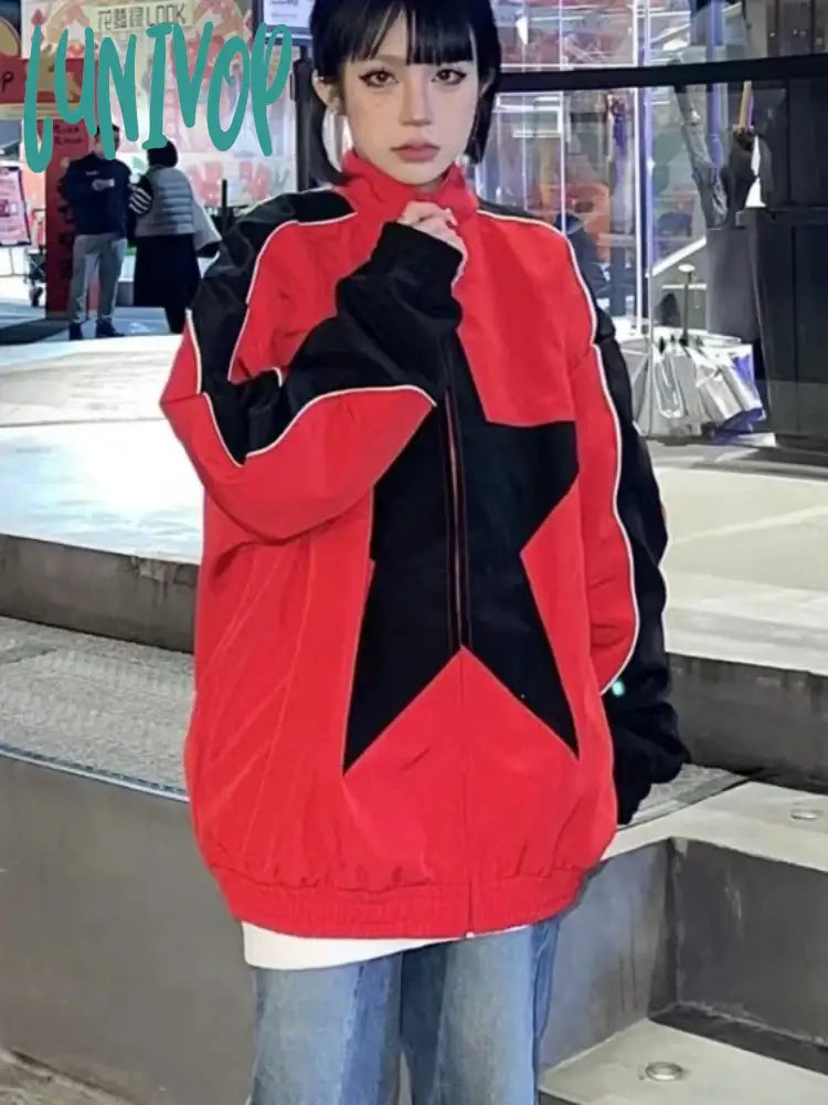 Lunivop Harajuku Streetwear Jackets Women Y2K Aesthetic Star Patchwork Coats All Match Grunge Loose