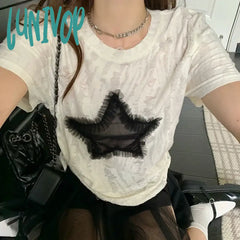 Lunivop Harajuku T-Shirt Women Print Y2K Top Girls Summer Vintage Hotsweet Drawstring Tops Short