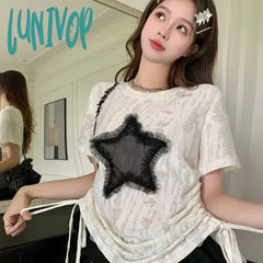Lunivop Harajuku T-Shirt Women Print Y2K Top Girls Summer Vintage Hotsweet Drawstring Tops Short