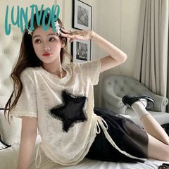 Lunivop Harajuku T-Shirt Women Print Y2K Top Girls Summer Vintage Hotsweet Drawstring Tops Short