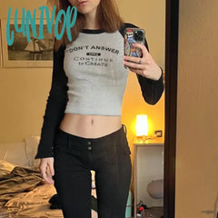 Lunivop Harajuku Vintage Letter Printed T Shirt Women Patchwork Long Sleeves Tshirts Y2K Casual