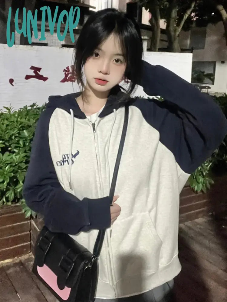 Lunivop Harajuku Zip Up Hoodies Women Korean Fashion Streetwear Hooded Sweatshirts Female Kpop
