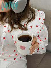 Lunivop Heart Graphic Shirts For Women 2024 Spring New Casual Chic Single Breasted Lantern Sleeve