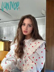 Lunivop Heart Graphic Shirts For Women 2024 Spring New Casual Chic Single Breasted Lantern Sleeve