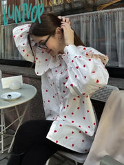 Lunivop Heart Graphic Shirts For Women 2024 Spring New Casual Chic Single Breasted Lantern Sleeve