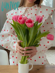 Lunivop Heart Graphic Shirts For Women 2024 Spring New Casual Chic Single Breasted Lantern Sleeve