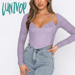 Lunivop High Quality Long Sleeve Corset Top Y2K Women New Arrivals Summer Sexy Brown Female Mesh
