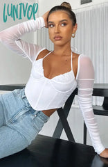 Lunivop High Quality Long Sleeve Corset Top Y2K Women New Arrivals Summer Sexy Brown Female Mesh