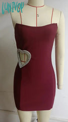 Lunivop High Quality Sexy Strapless Hollow Diamond Heart Luxury Wine Red Tight Bandage Dress