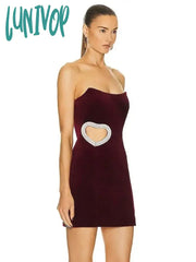 Lunivop High Quality Sexy Strapless Hollow Diamond Heart Luxury Wine Red Tight Bandage Dress