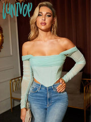 Lunivop High Quality Summer Corset Top Women Y2K Tops Blue Boycon Crop Off The Shoulder Sexy Mesh