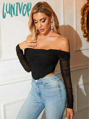 Lunivop High Quality Summer Corset Top Women Y2K Tops Blue Boycon Crop Off The Shoulder Sexy Mesh