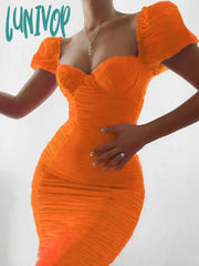 Lunivop High Quality Summer Women’s Puff Sleeve Mesh Pleated Midi Dress With Pads Sexy Party