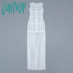 Lunivop High Quality White Sleeveless Tassel Hollow Club Out Bodycon Rayon Bandage Dress Evening