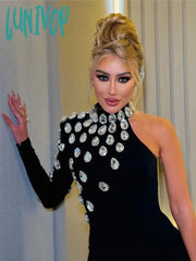 Lunivop High Quality Women Black Sexy Single Sleeve Luxury Diamond Split Long Bodycon Bandage Dress