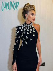 Lunivop High Quality Women Black Sexy Single Sleeve Luxury Diamond Split Long Bodycon Bandage Dress