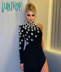 Lunivop High Quality Women Black Sexy Single Sleeve Luxury Diamond Split Long Bodycon Bandage Dress