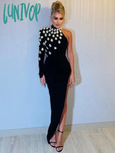 Lunivop High Quality Women Black Sexy Single Sleeve Luxury Diamond Split Long Bodycon Bandage Dress