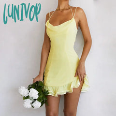 Lunivop High Quality Women Chiffon Dress Mini Sexy Party Ruffle Elegant Sleeveless Vestidos